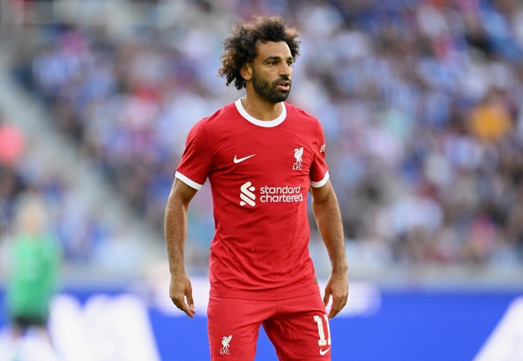 Mo Salah playing for Liverpool.